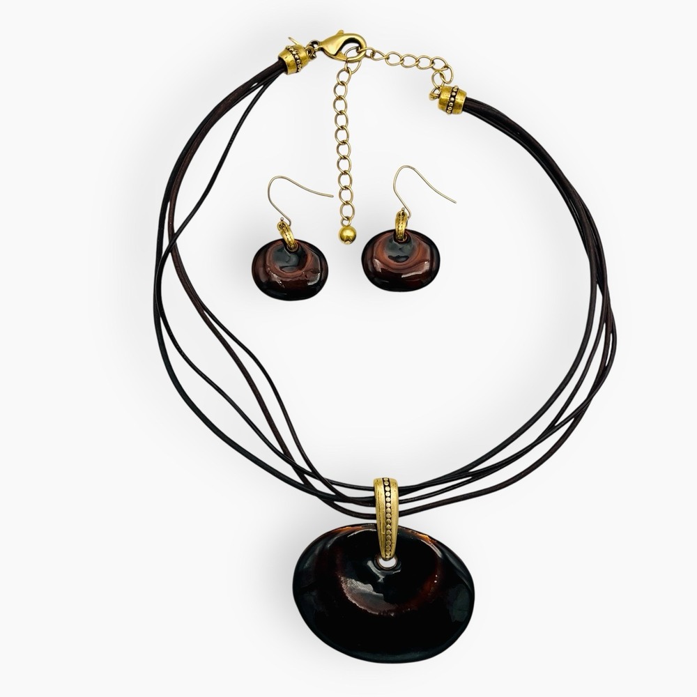 Chico's Brown Cord Enamel Pendant Choker Necklace Drop Earrings Gold Bean Oval‎